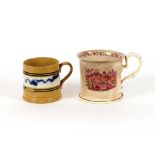 A 19th Century Mocha ware mug, 10cm high; and a pink lustre mug decorated with a scene of Rebecca at