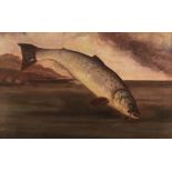19th Century English school, study of a leaping hooked salmon, unsigned oil on canvas, 36cm x 56cm