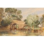 19th Century school, study of a figure on a bridge beside sluice gates, indistinctly signed and