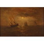 John Moore of Ipswich, 1820-1902, study of fishing vessels at moonlight, signed oil on board, 17cm x