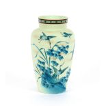 A Victorian opaque glass vase, shouldered form, painted with cranes and foliage in a blue palette,