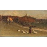 Attributed Edwin Nichol, 1855-1923, rural study depicting girl with geese, cottage and hilltop
