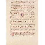 Two Medieval hand written music sheets on velum, 52cm x 38cm and 32cm x 45cm respectively