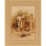 After Myles Birkett Foster, study of a woman drawing water from the well with attendant kittens,