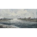 Alfred Saunders, 1908-1986, study of a Suffolk river scene, signed oil on  board, 18cm x 33cm