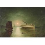 19th Century school, ships at moonlight, unsigned oil on canvas, 31cm x 45cm, in maple frame
