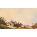 Peter Burman, (born 1950), study of a Suffolk church in landscape, signed watercolour, 23.5cm x