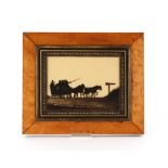 A Victorian painted silhouette picture, depicting a coach and horses contained in burr maple frame