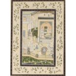 A pair of Indian paintings, depicting figures in exotic gardens, having trailing floral borders,