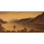 19th Century school, highland loch scene with fishing vessels, monogrammed J.H. dated '85,