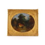 English School 19th Century, a wooded river landscape with figures by a watermill, oil on canvas,