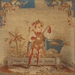 A 19th Century wool work embroidery, depicting an Elizabethan musician contained in broad figured