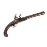 An Eastern flintlock pistol, 28cm damascened barrel, full stock with  inlaid decoration, brass