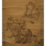 A large Chinese 19th Century hand painted hanging scroll, depicting a family of monkey's in