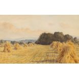 W. Foster, study of corn stooks in rolling landscape, signed watercolour, 27cm x 23cm