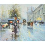 20th Century continental school, study of a French street scene with horse-drawn carriages, flower