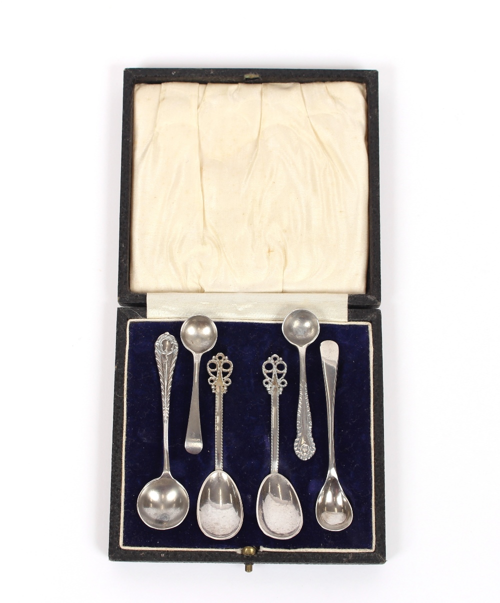 A case containing six various silver condiment spoons