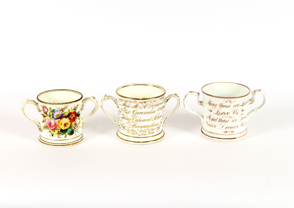 Three 19th Century Coalport style porcelain two handled mugs, decorated with flowers and - Image 2 of 2