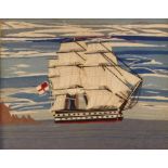 A Victorian wool work picture of a sailing ship, 34cmx  43cm contained in a maple frame