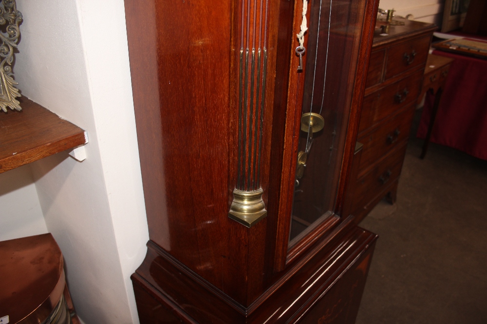 A fine quality Edwardian mahogany and satinwood inlaid chiming long case clock, the hood - Image 12 of 32