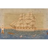 A Victorian wool work embroidery, of a ship with light house and rocks nearby, contained in a