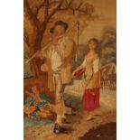 An early 20th Century woolwork picture, depicting a farm worker and girl in rural landscape, 56.