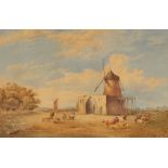 19th Century school, study of cattle with adjacent windmill and ruin, unsigned watercolour, 50cm x
