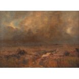 Alfred Saunders, 1908-1986, storm sunset on Westleton moor, Suffolk, oil on board, 19cm x 27cm