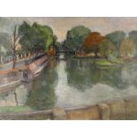Oliver Campion 1920-2000 British, study of a canal and riverbank scene in a city, signed oil on