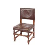A set off our antique oak dining chairs, with leather and studded upholstered seats and back, raised
