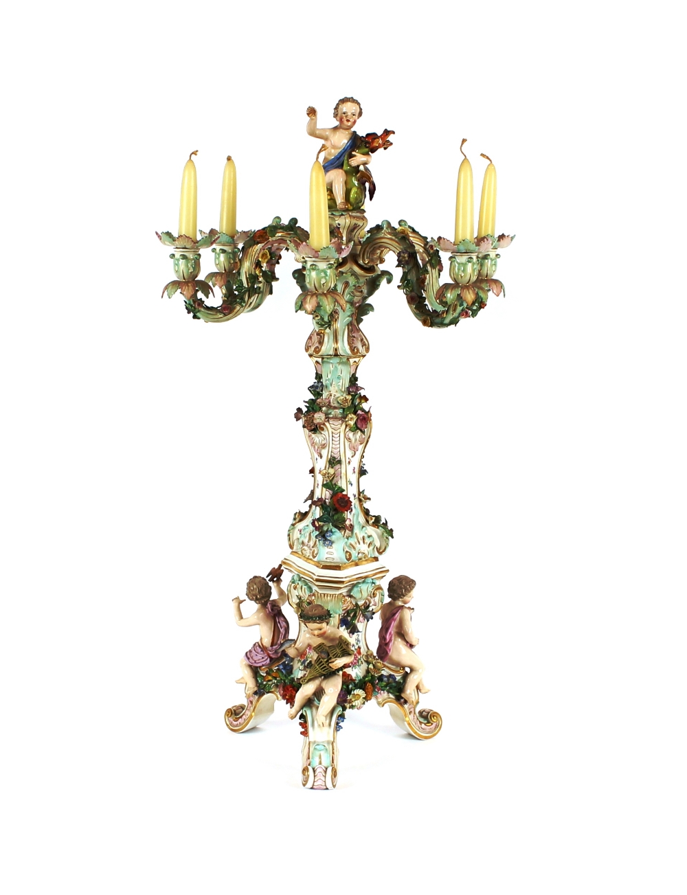 A large 19th Century Meissen style six branch candelabra, decorated with cherubs and foliage on