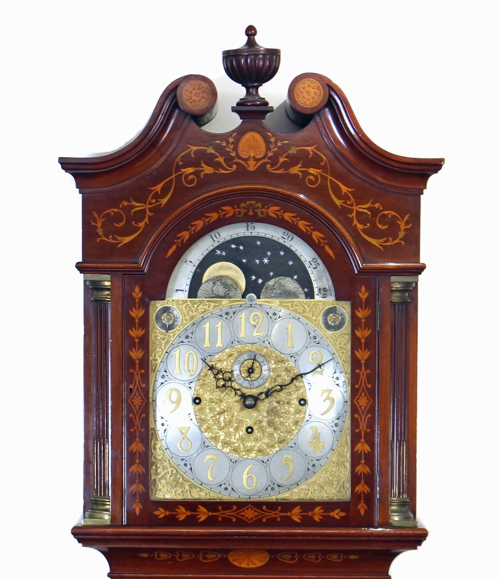 A fine quality Edwardian mahogany and satinwood inlaid chiming long case clock, the hood