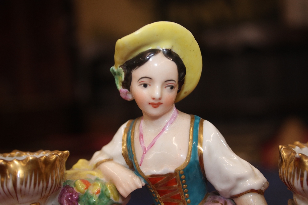 A 19th Century continental porcelain figural decorated twin branch candle holder, in the form of a - Image 3 of 14