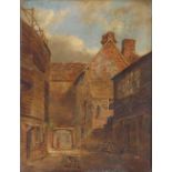 Attributed to John Crome, 19th Century school, study of a courtyard with figure, unsigned oil,