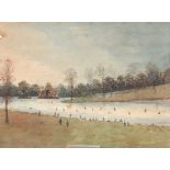 Late 19th Century school, study of figures ice skating on a lake with parkland, indistinct pencil