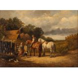 Samuel Joseph Clarke, 1834-1912, rural landscape with horses, chickens, ducks, a dog and two
