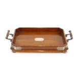 An oak and electro plate mounted two handled tea tray, 48cm