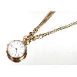 A 10 carat gold fob watch, the back plate monogrammed; a 9 carat gold chain, approx. 30gms.; and a