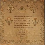 An early 19th Century sampler, with verse, flowers and birds, worked by Sarah Creak, Little