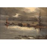 Alfred Saunders, 1908-1986, evening river scene, signed oil on board, 25cm x 34cm