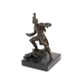 A small bronze figure of a period soldier, with part cannon at his feet, raised on a stone base