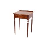 A pair of walnut and cross-banded single drawer lamp tables, raised on reeded tapering supports,