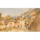 Continental school, study of a town street scene with figures, mountainous background,