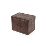 An Antique carved oak six bottle decanter box, having marblised paper lined interior and two small