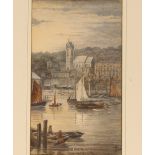 19 Century school, study of a Cathedral City with river and fishing boats in the near ground,