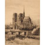 A framed black and white etching, Notre Dame Cathedral, Paris, 57cm x 44cm