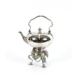 A Victorian electro plated "Five O'clock" tea kettle on spirit heater stand, with foliate decoration