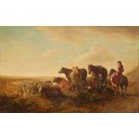 19th Century school, study of figures and cattle in a rural landscape, unsigned oil on canvas,