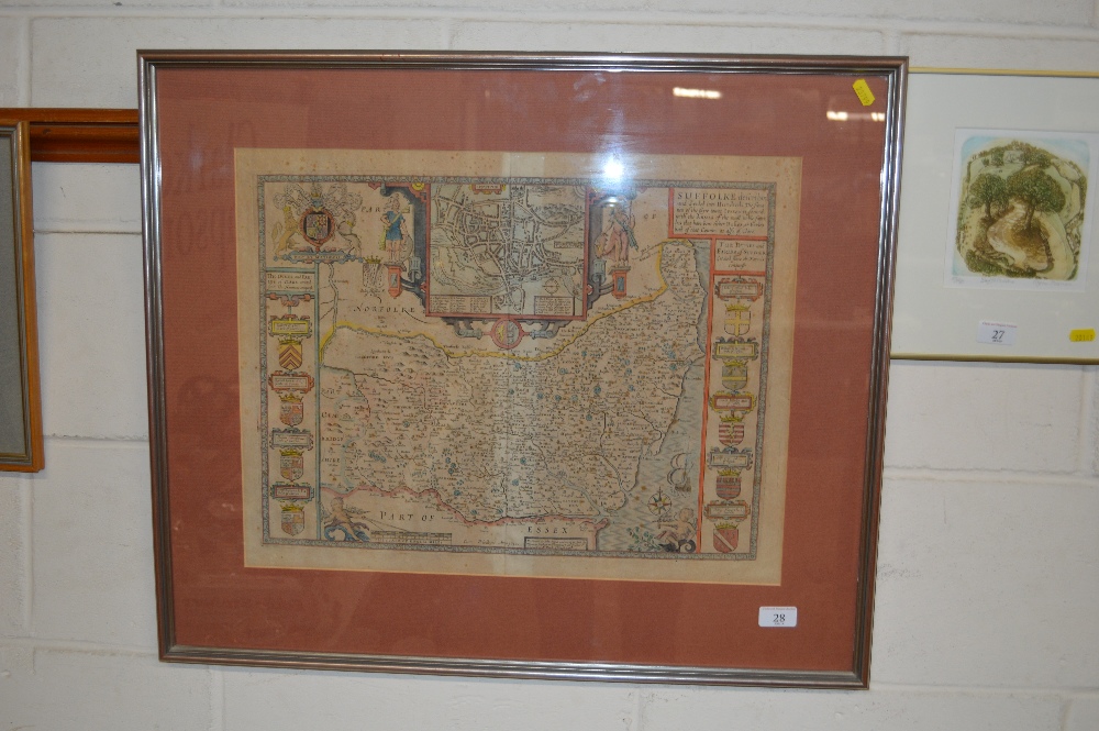 An antique coloured map of Suffolk by John Speed