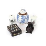 Three oriental ginger jars; a black lacquered box